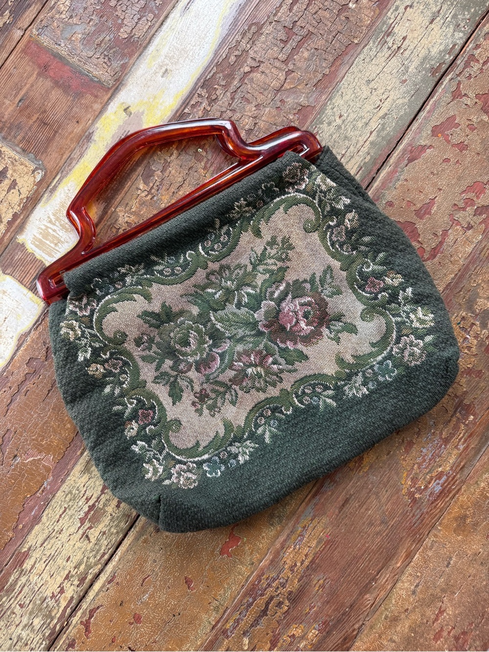 Vintage Floral Green Woven Tapestry Handbag Amber Lucite Handle Spring Purse